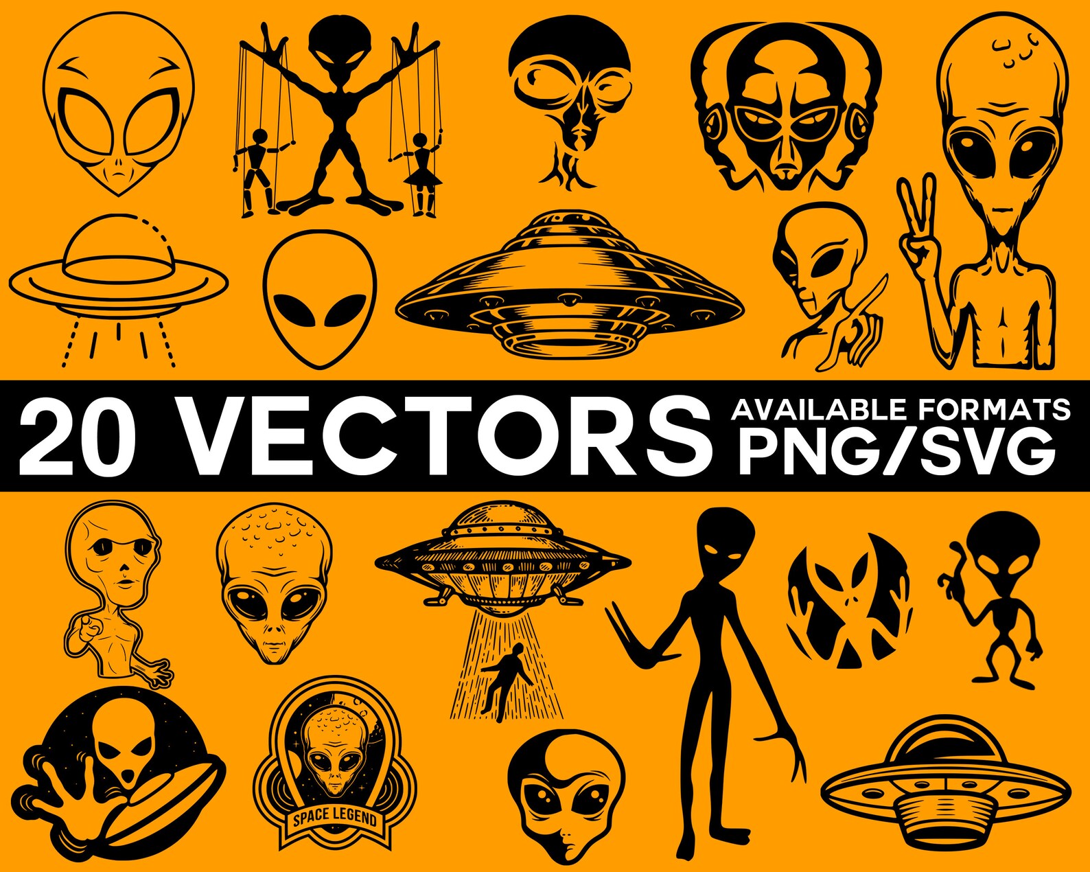 Aliens Vector Pack, Aliens Silhouette, Spaceship Vector, Aliens Clipart ...