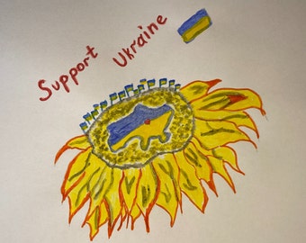 May include: A hand-drawn illustration of a sunflower with a yellow center and red petals. The center of the sunflower is filled with small yellow and gray dots. The sunflower is surrounded by small blue and yellow flags. The text "Support Ukraine" is written in red at the top of the image. A small blue and yellow flag is in the upper right corner of the image.