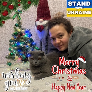Buon Natale. Cartolina ucraina. Scarica file digitale. Buon Anno. Animale domestico d'oliva