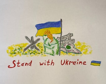 May include: A hand-drawn illustration of two people hugging in front of a Ukrainian flag. The flag is blue and yellow and is on a stick. The people are drawn in green and have orange hair. The background is yellow with green and gray accents. The text "Stand with Ukraine" is written in red below the image. A small Ukrainian flag is drawn to the right of the text.