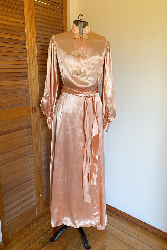 1940s Peach Satin Robe. Vintage satin house coat, 