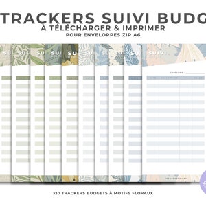 May include: Ten printable budget trackers with floral designs. Each tracker has a header that says "Suivi Budget" and includes columns for date, description, and amount. The trackers are designed for A6 envelopes.
