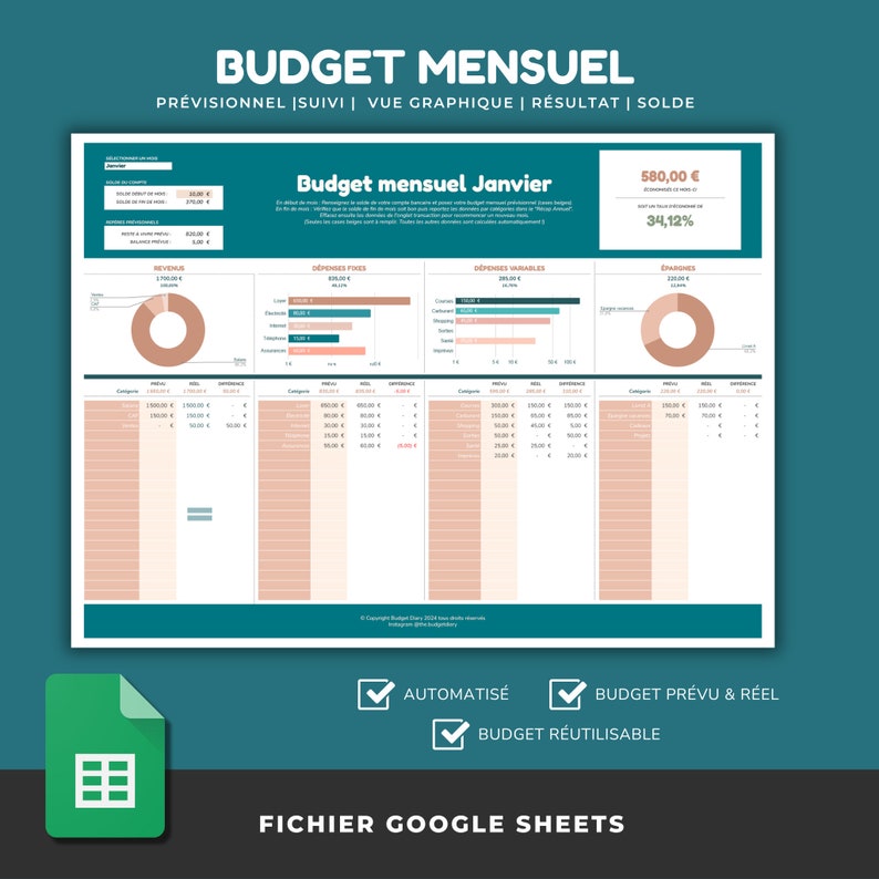 PLANNER BUDGET digital complet en FRANÇAIS Budget annuel et budget mensuel avec suivi des dépenses 8 outils budgétaires Google Sheets image 4