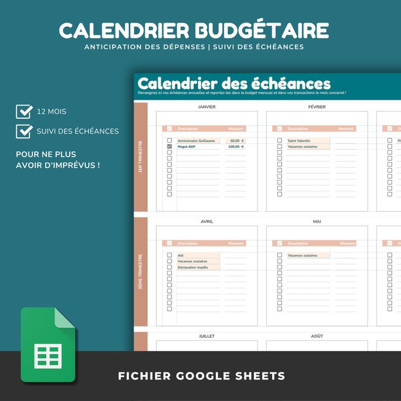 PLANNER BUDGET digital complet en FRANÇAIS Budget annuel et budget mensuel avec suivi des dépenses 8 outils budgétaires Google Sheets image 6