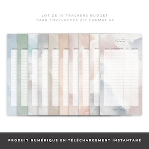 May include: Set of ten printable budget trackers in a zip file format. The trackers are designed for A6 envelopes and feature a watercolor background in various shades of blue, green, and pink. Each tracker has a column for date, description, and balance.