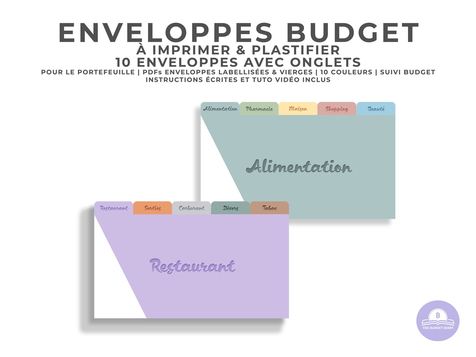 10 Enveloppes budget à onglet à IMPRIMER & PLASTIFIER pour portefeuille 10 couleurs Labellisées