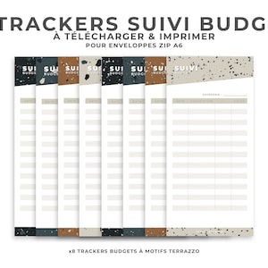 Peut inclure: Huit trackers de budget imprimables avec un motif terrazzo. Chaque tracker a un en-tête qui dit "Suivi Budget" et comprend des colonnes pour la date, la description et le montant. Les trackers sont conçus pour les enveloppes A6.