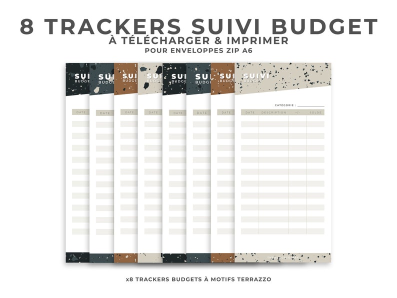 8 trackers suivi budget pour enveloppes budget A6 | Motif Terrazzo