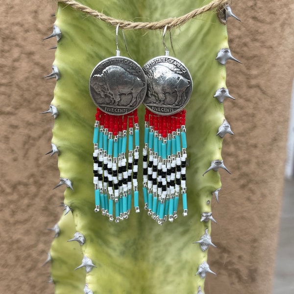 Short Buffalo Nickel Beaded Earrings