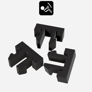 May include: Three black, geometric-shaped objects with a T-shape design are displayed against a white background. The objects appear to be made of a solid material. A small, black square icon with a white graphic is in the top left corner.