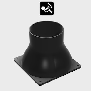 May include: A black, funnel-shaped object with a square base. The funnel has a wide, flared body and a cylindrical top. The base has four small holes, and a small icon of a person using a tool is in the top right corner.