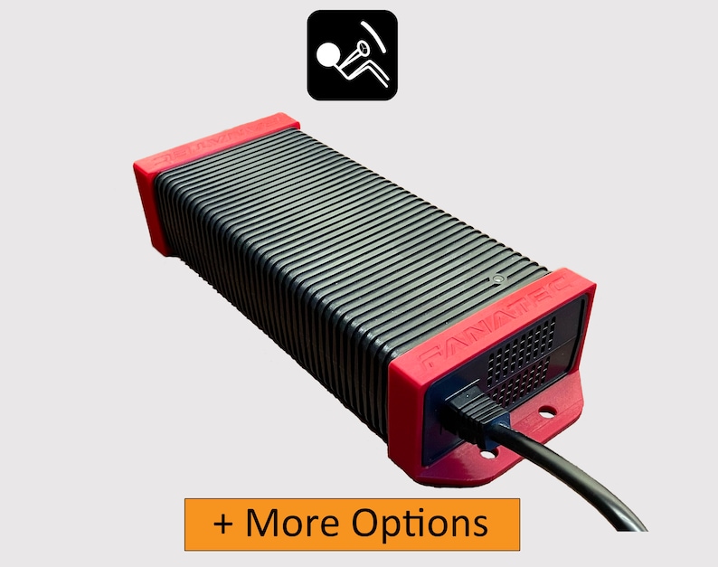 May include: A black and red power supply unit with a Fanatec logo and a black power cord. The unit has a ribbed design and a black and white grid on the back.
