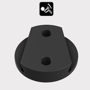 May include: Black plastic round base with two holes and a black plastic rectangular piece attached to the top.