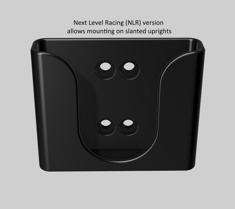 May include: Black plastic phone mount with four holes for mounting.  Next Level Racing (NLR) version allows mounting on slanted uprights.