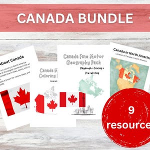 Könnte beinhalten: Ein Bündel von Lernmaterialien mit dem Titel "CANADA BUNDLE". Das Paket enthält Arbeitsblätter über Kanada, darunter Malvorlagen, Geografie-Pakete und Feinmotorik-Aktivitäten. Ein roter Kreis zeigt "9 Ressourcen".