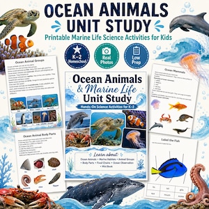 May include: An educational unit study set featuring printable marine life science activities for K-2 students. The materials include worksheets with text, diagrams, and photographs of ocean animals like sea turtles, dolphins, and crabs.