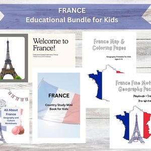 Könnte beinhalten: Lehrpaket für Kinder über Frankreich. Enthält Arbeitsblätter, Malvorlagen und ein Mini-Buch. Der Eiffelturm und die französische Flagge sind in den Illustrationen abgebildet. Der Text lautet "Willkommen in Frankreich!" und "Alles über Frankreich".