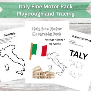 Puede incluir: Un pack de motricidad fina para niños titulado "Italy Fine Motor Pack Playdough and Tracing". El pack incluye actividades de trazado y preescritura, con imágenes de la bandera italiana, el Coliseo y el contorno de Italia.