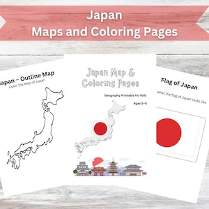 May include: Three white paper sheets with the text "Japan Maps and Coloring Pages". One sheet has a black outline map of Japan. Another has a map with a red circle. The third shows the Japanese flag.
