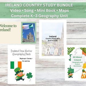 Könnte beinhalten: Eine Sammlung von Lernmaterialien für eine Irland-Landeskunde für die Klassen K-3. Das Bundle enthält ein Video, ein Lied, ein Mini-Buch und Karten. Das Bild zeigt einen Umschlag mit der Aufschrift "Willkommen in Irland!" und andere Materialien.