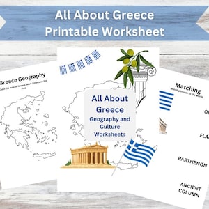 Puede incluir: Hojas de trabajo imprimibles sobre Grecia, con un mapa, una bandera e ilustraciones de la cultura griega. Las hojas de trabajo incluyen actividades como emparejar imágenes con palabras y colorear un mapa de Grecia.
