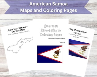 Mapa y páginas para colorear de Samoa Americana para imprimir / Geografía de Oceanía / PDF para educación en casa
