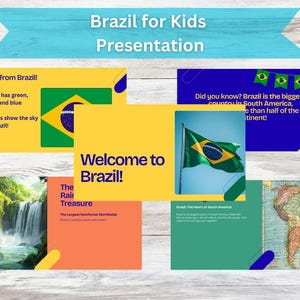 Puede incluir: Una presentación titulada "Brasil para niños" con varias diapositivas. Las diapositivas muestran la bandera brasileña, un mapa de Brasil y texto sobre el tamaño y las selvas tropicales de Brasil. La combinación de colores incluye amarillo, verde, azul y naranja.