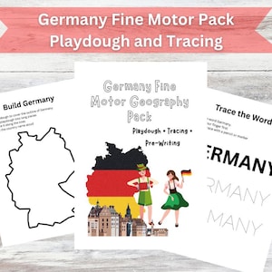 Puede incluir: Un conjunto de imprimibles educativos para niños, que incluye actividades con plastilina, trazos y ejercicios de preescritura. El paquete se titula "Germany Fine Motor Pack" con "Playdough and Tracing" debajo. Incluye contornos de Alemania.