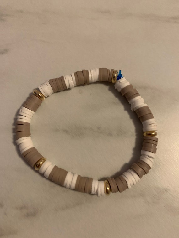 Linen Brown and White Clay Bead Bracelet With Golden Beads Coffee