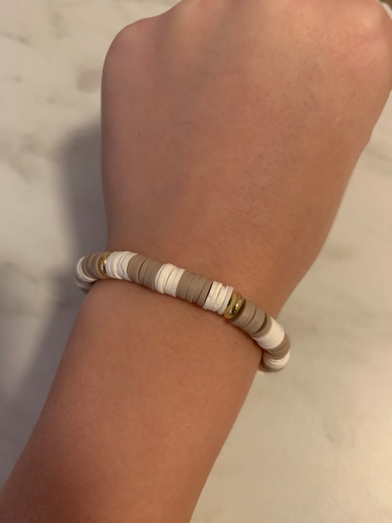 Linen Brown and White Clay Bead Bracelet With Golden Beads Coffee