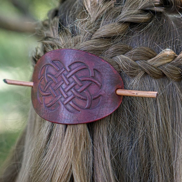 Red brown celtic barrette for women. Celtic knot hair slide with wooden stick. Stick barrette for celtic wedding.Аccessory for druid costume