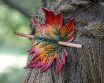 Maple leaf hair slide. Leather barrette with wooden stick for autumn wedding. Hair stick barrette with autumn leaves.