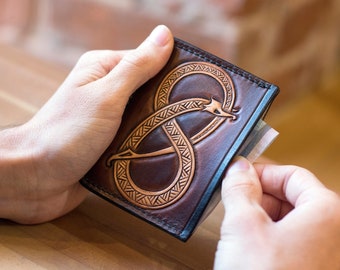 Handmade Leather Compact Wallet: Norse Dragon Ouroboros, Viking Style
