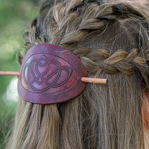 Red-Brown Leather Celtic Hair Slide: Viking Knot Barrette