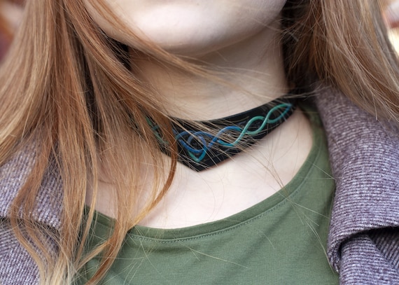 Black Leather Goth Choker: Hand-Embossed Occult Necklace