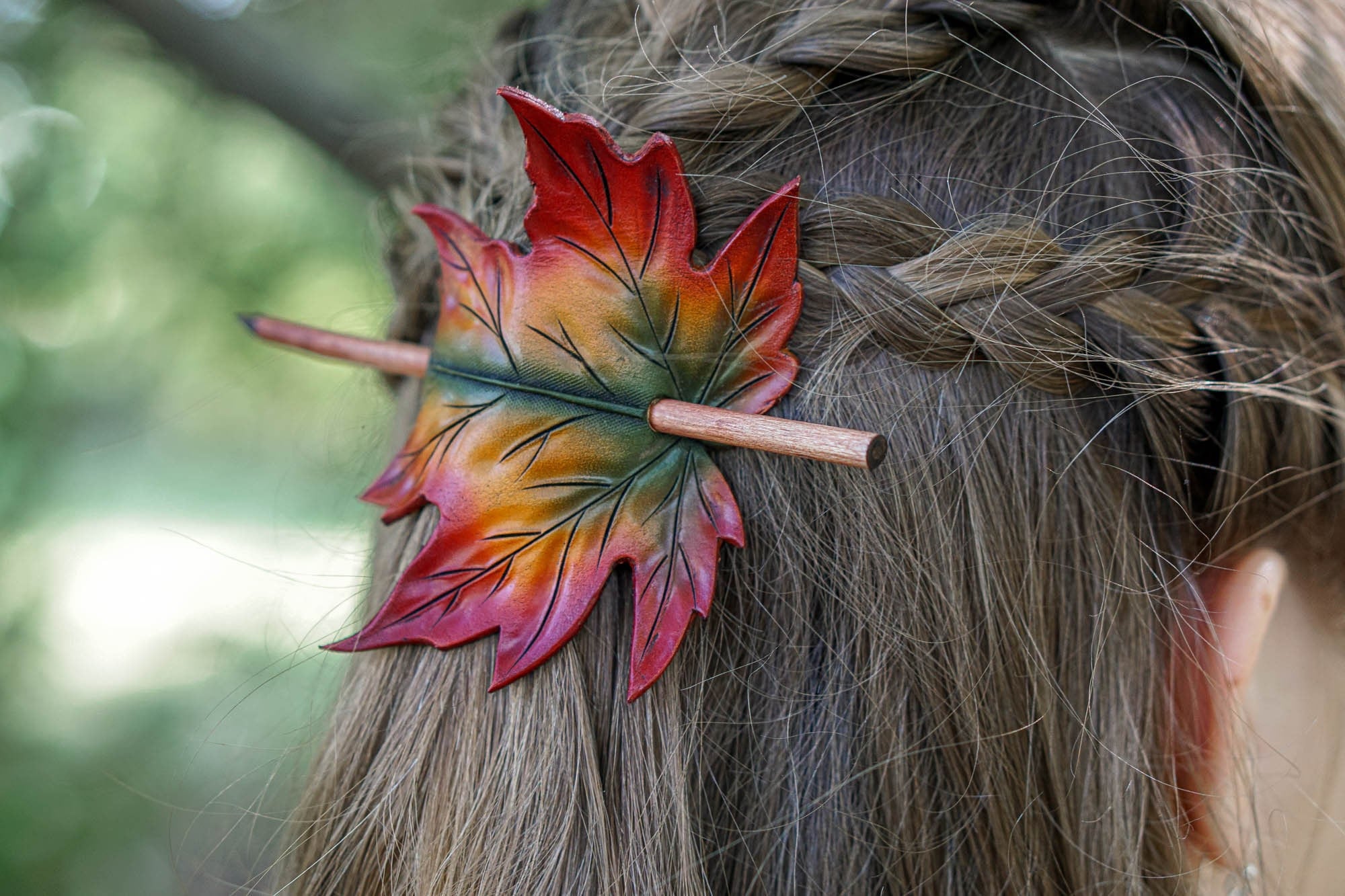 Maple leaf hair slide. Leather barrette with wooden stick for autumn wedding. Hair stick barrette with autumn leaves.