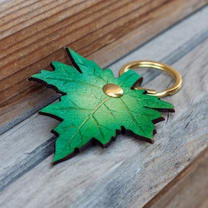 Leather Maple Leaf Keychain: Green Autumn Key Ring