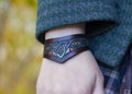 Green and blue celtic bracelet, celtic leather wristband,celtic design bracelet with triskel and trinity knot,celtic knot bracelet for elven product logo