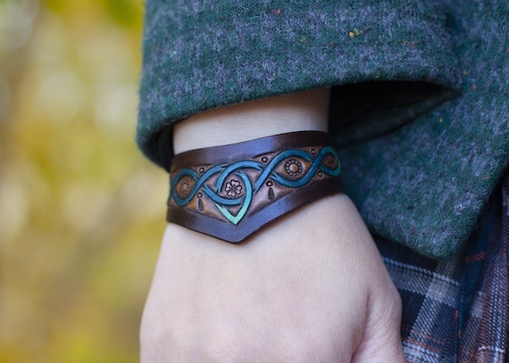 Green and Blue Celtic Bracelet Celtic Leather Wristband celtic Design Bracelet With Triskel and Trinity Knot celtic Knot Bracelet for Elven Etsy