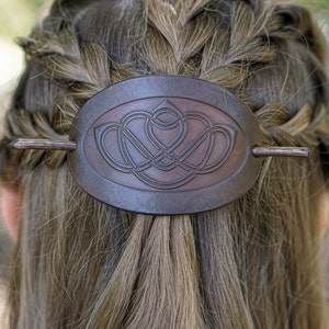 Brown hair slide. Leather hair pin with celtic symbol. Hair jewelry for witch. Viking&#39;s hair stick barrette. Hair jewelry for Celtic bridal