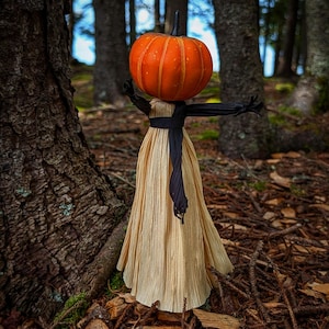 Handcrafted Corn Husk Doll: Pumpkin Head Halloween Altar Decor