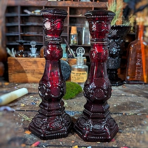 Vintage Ruby Glass Candle Holders Stash Bottle SET| Witch | Witchcraft | Gothic | Witch Decor | Candles