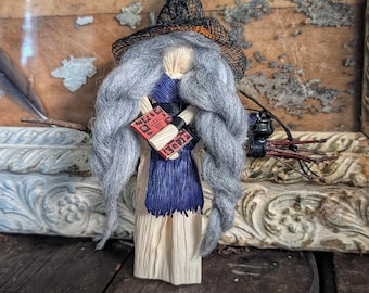 Purple Witch with Book & Cauldron - Kitchen Witch, Witch On a Broom, Housewarming Gift,  Poppet, Corn Dolly, Witchy