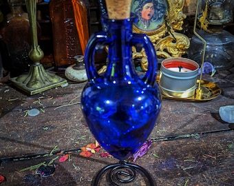 Cobalt Blue Glass Potion Bottle w/ Stand - Amphora, Witchcraft, Cosplay, LARPing, Potions, Moon Water