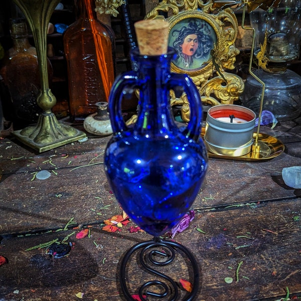 Cobalt Blue Glass Potion Bottle w/ Stand - Amphora, Witchcraft, Cosplay, LARPing, Potions, Moon Water