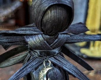 Black Corn Husk Doll: Pagan Altar Decor with Charm