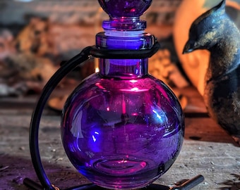 Violet Round Glass Potion Bottle with Glass Topper and Stand | Witchcraft, Cosplay, LARPing, Potions