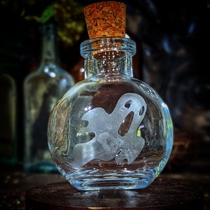 Ghost Etched Bottle with Cork and Lights- Ghost | Halloween |  Magick | Spirit | Witch Bottle | LARping