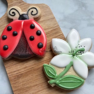 May include: Two decorated sugar cookies, one shaped like a ladybug with red and black icing, and the other shaped like a white flower with green leaves.