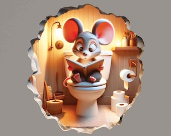 3D Mouse Wall Sticker - Bathroom Wall Sticker- Mousehole Wall Decal - Whimsical Bathroom Art - Funny Wall Sticker - Toilet Mouse Sticker Art